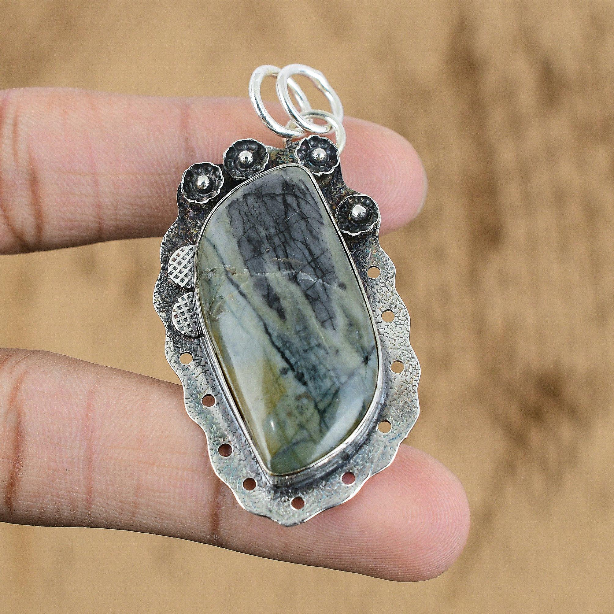 

Womens day Deal Sterling Silver Marquise Natural Picasso Jasper Elegant Pendant