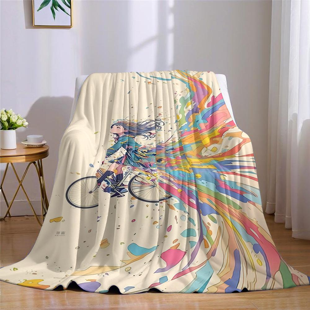 Bike - Riding Girl Flannel Blanket Warm Soft Halloween Christmas Couch Warm Cozy Decorative Decor Gift For All Season