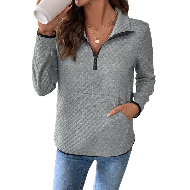 Women's Waffle V-Neck Zipper Half Placket Pullover Sweatshirt Casual Solid Color Muscle Top