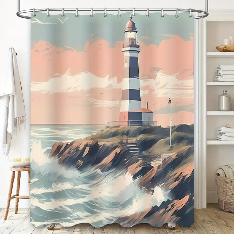 Beach Bath Shower Curtain with Lighthouse Print for Bathroom Decor Waterproof Fabric in Pink Blue Colors Perfect Gift Idea for H