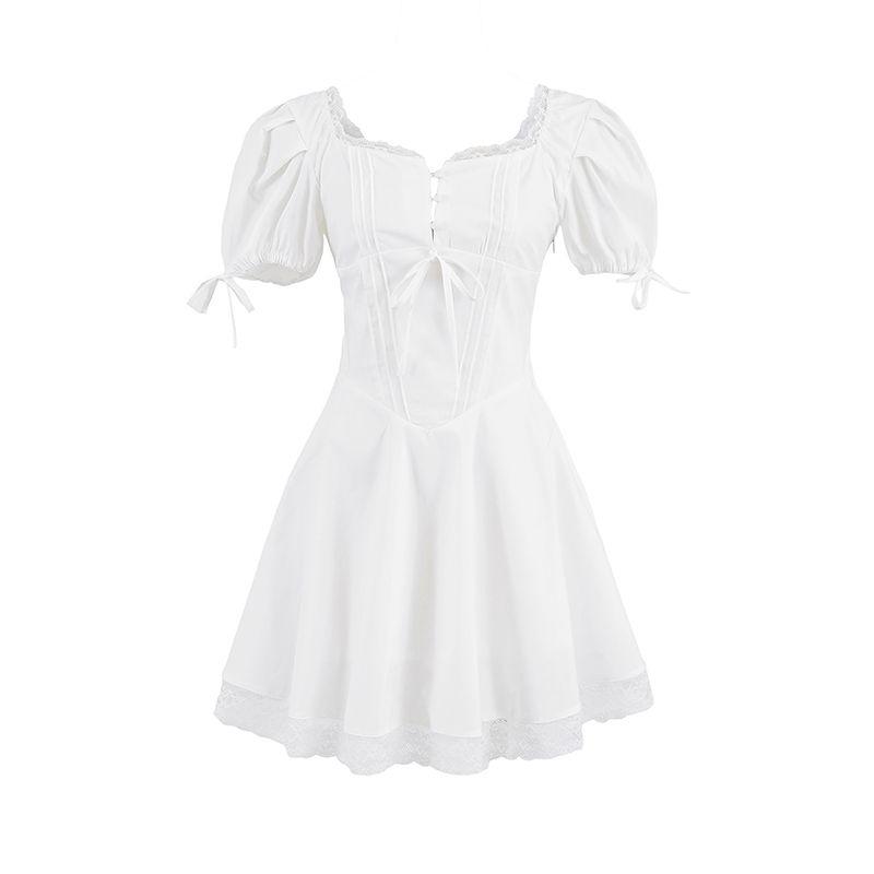 Ballet Hymn Babyboo French Style Sweet Red Square Collar Lace Waist Hugging Slimming Puff Sleeve Dress