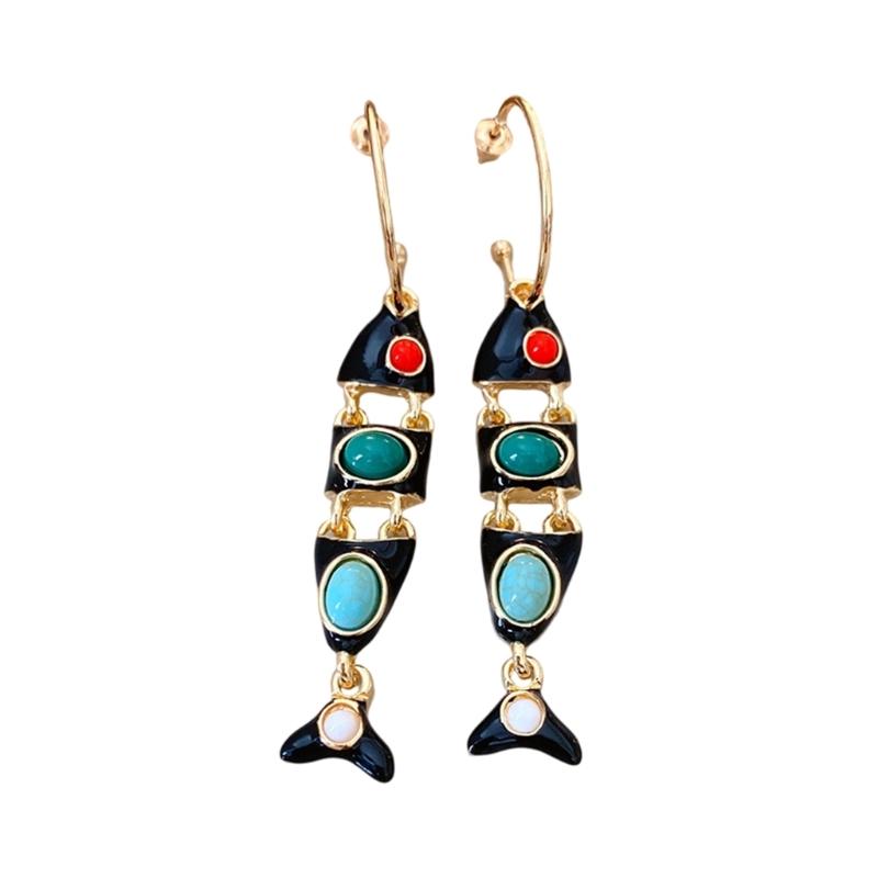 

1 Pair Ethnic Inspired Fish and Tassels Design Enamel Earrings Long Hoop Style for Women Sturdy Alloy Gold Plated Jewelry чорний