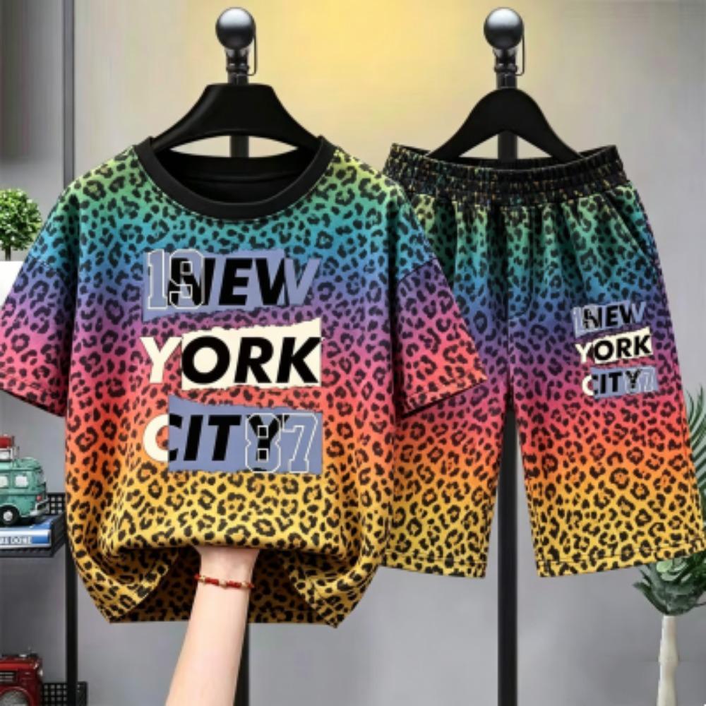Leopard Zebra Streifen Buchstaben Aufdruck Kinder T-Shirt und Shorts 2-teiliges Set Sommer Freizeit Outfit für Jungen und Mädchen Kinder T-Shirt Set