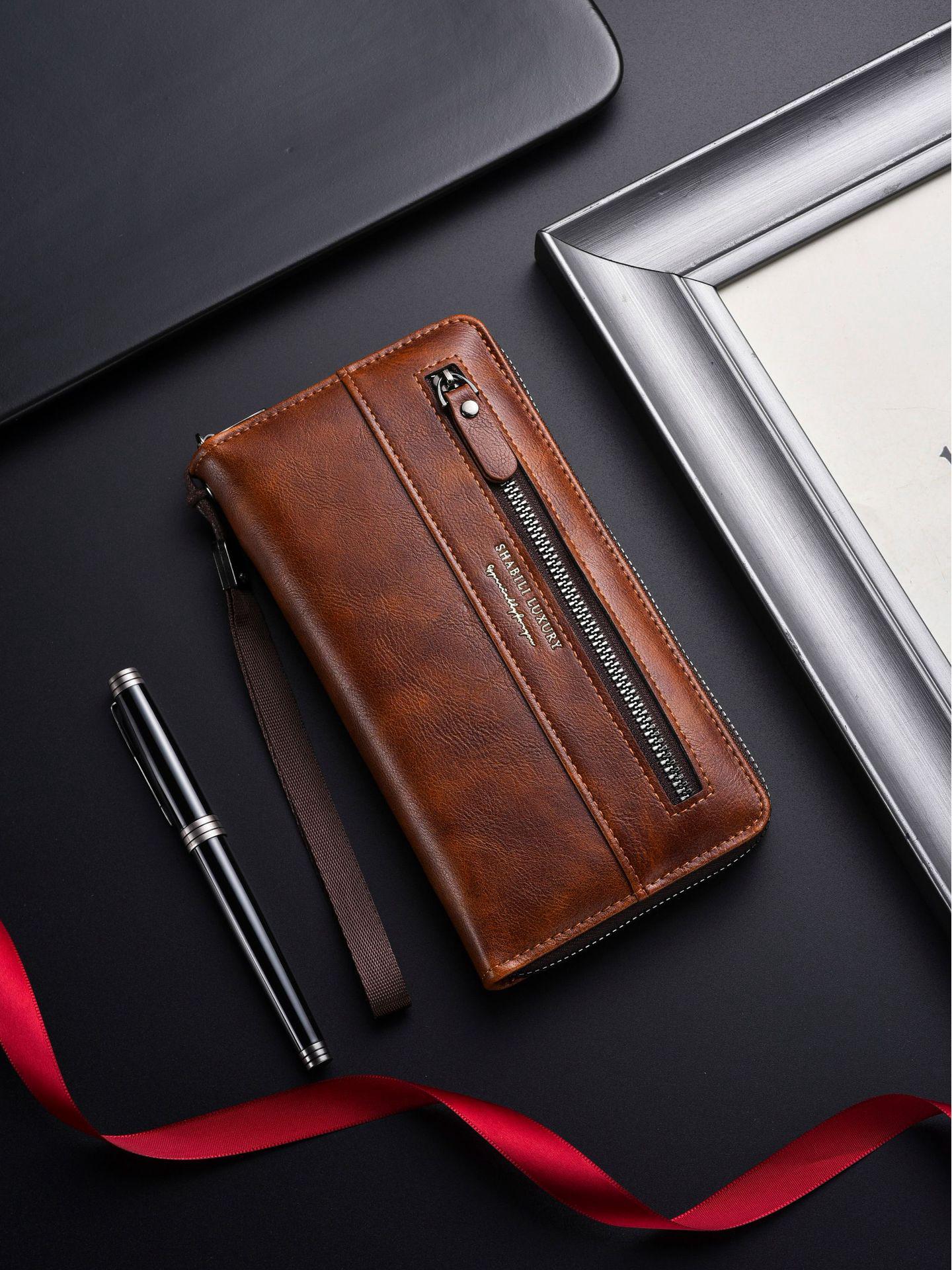 

Мужской кошелек-клатч большого объема в американском стиле 2025 года с длинной молнией и множеством отделений для карт светло-коричневого