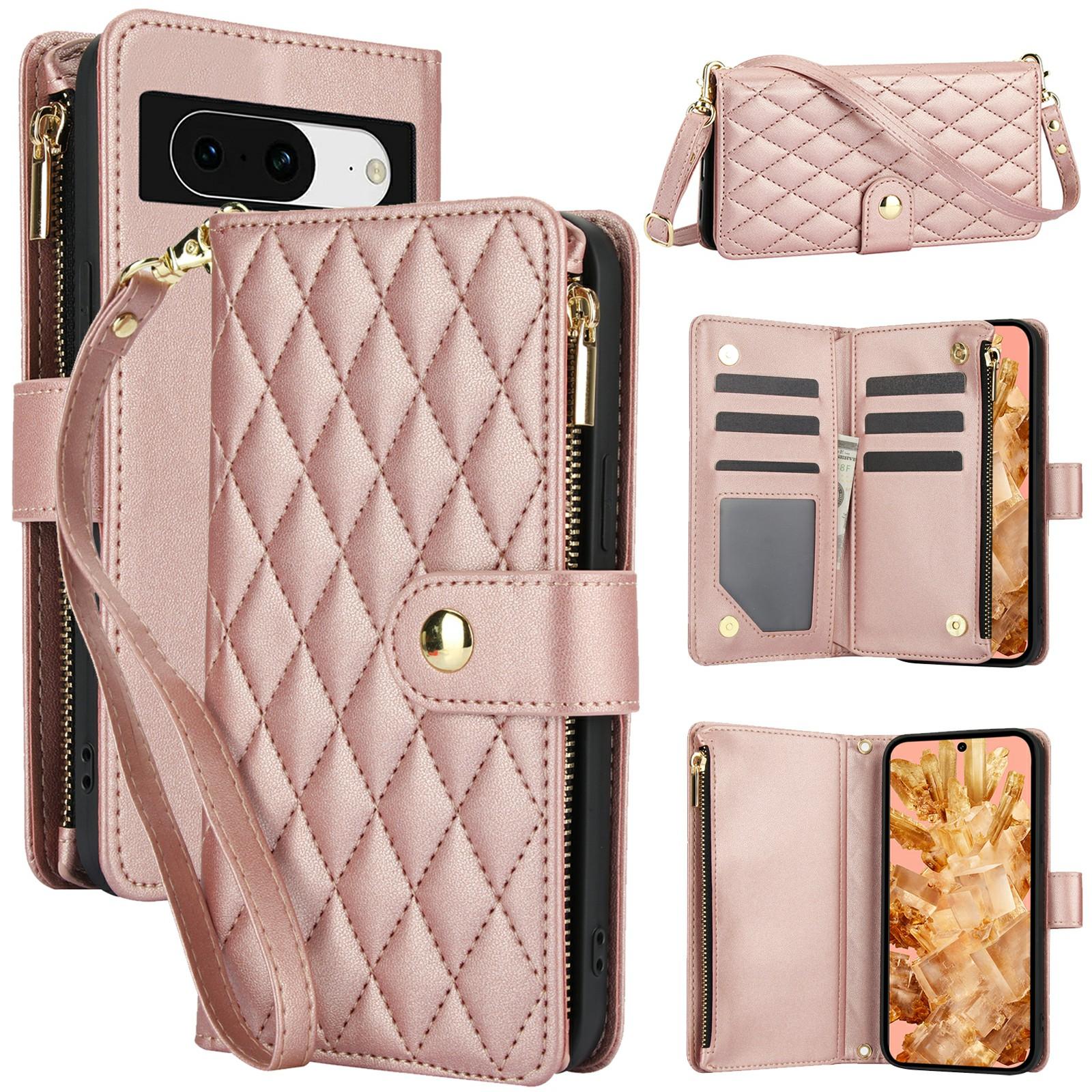 

For Google Pixel 8 Case Chic Rhombus PU Leather Phone Cover with Shoulder Lanyard Rose Gold