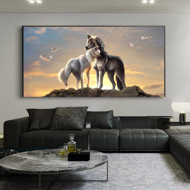Pictură pe pânză de lup Lup negru Lup alb Pictură pe pânză Poze de artă de perete pentru decorarea camerei de zi