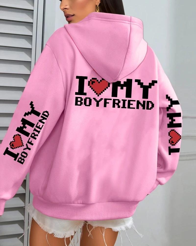 I Love My Boyfriend Printed, Women'S Hoodie Fall Loose Casual Pocket Fleece Pullover