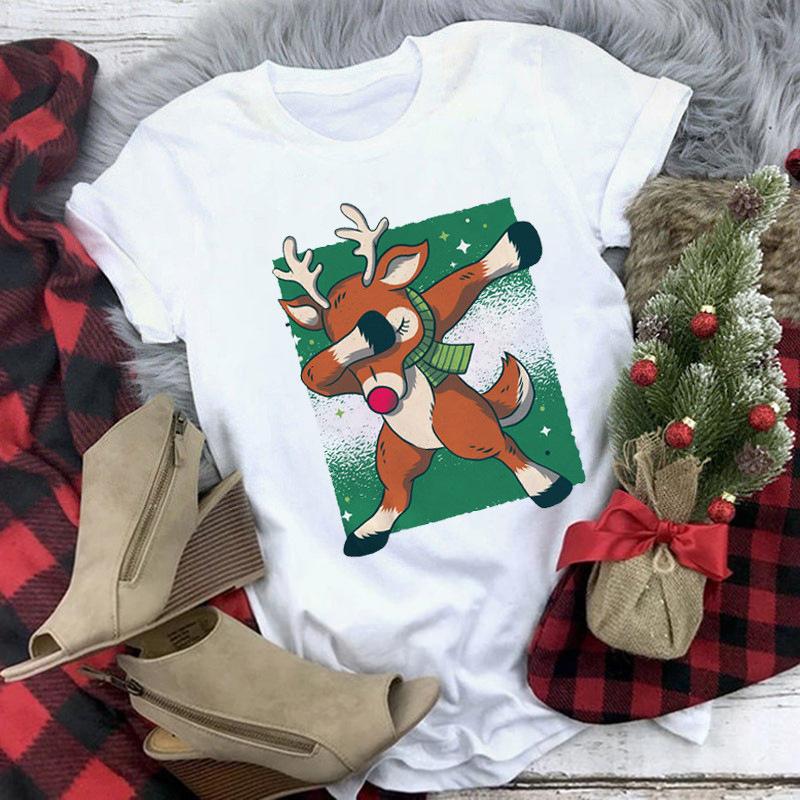 Women's Crew Neck Short Sleeve Graphic Print Christmas T-Shirts Loose Fit Casual Tees