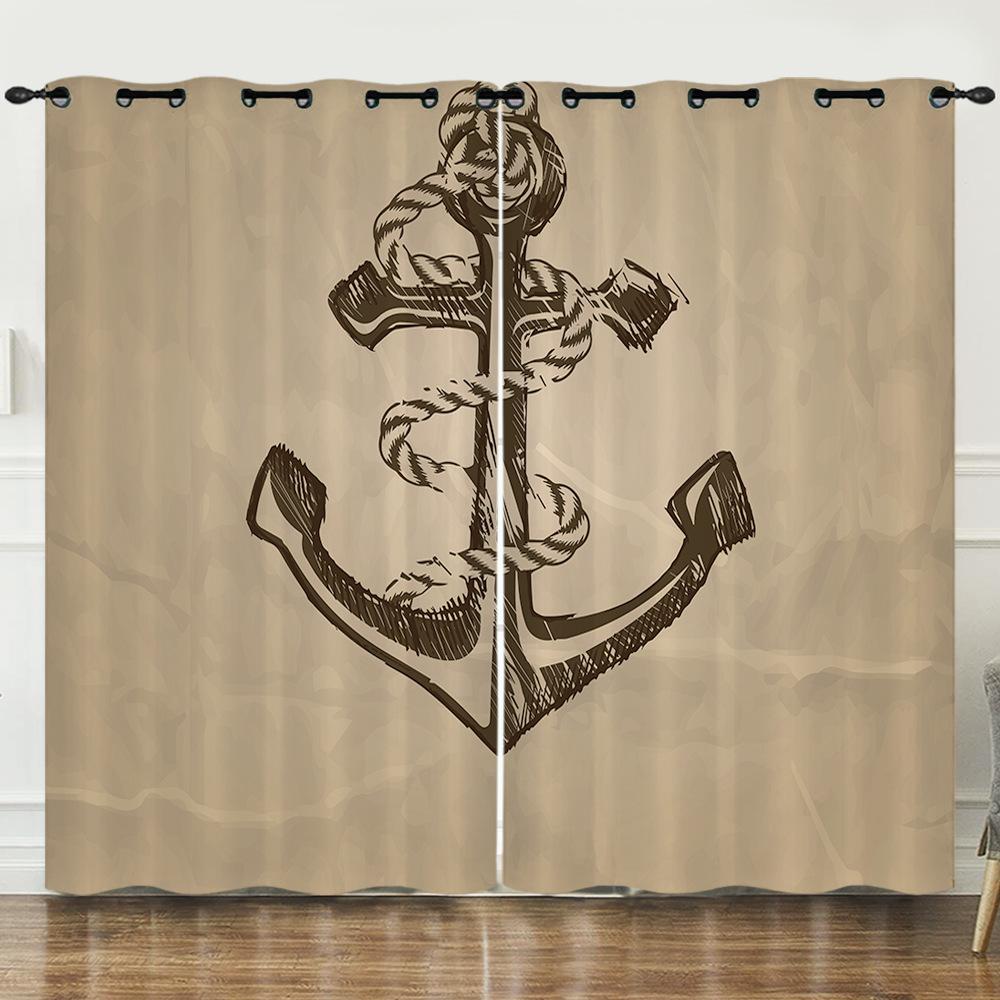 Curtains Nautical Anchor 3D Digital Printing Blinds Blackout Punching Can Be