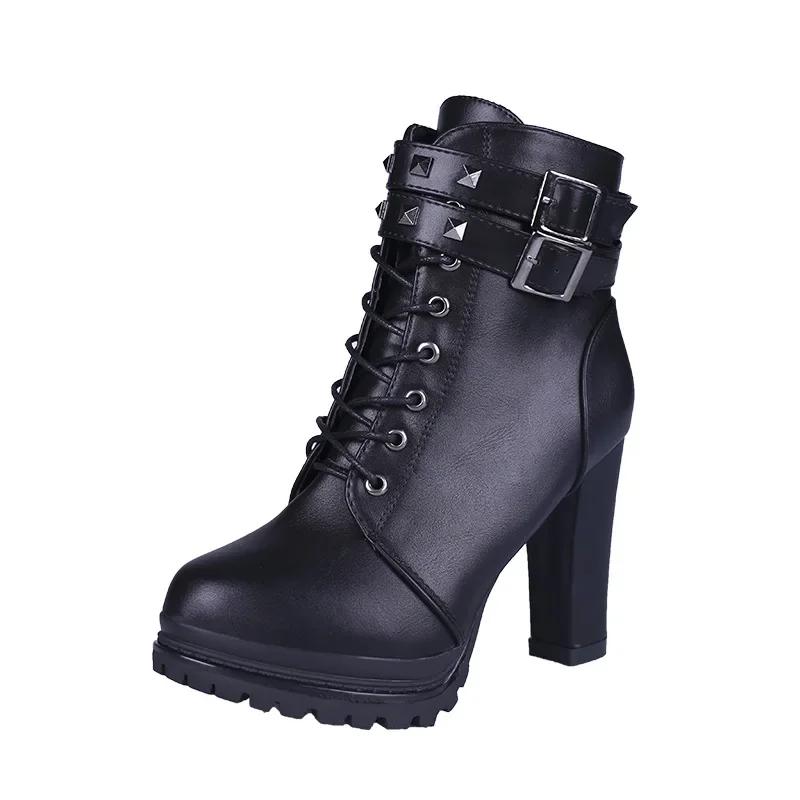 Women Autumn Ankle Boots Sexy Office High Heels Platform Boots Round Toe Leather Booties Black Pumps Ladies Party Shoes New 2024