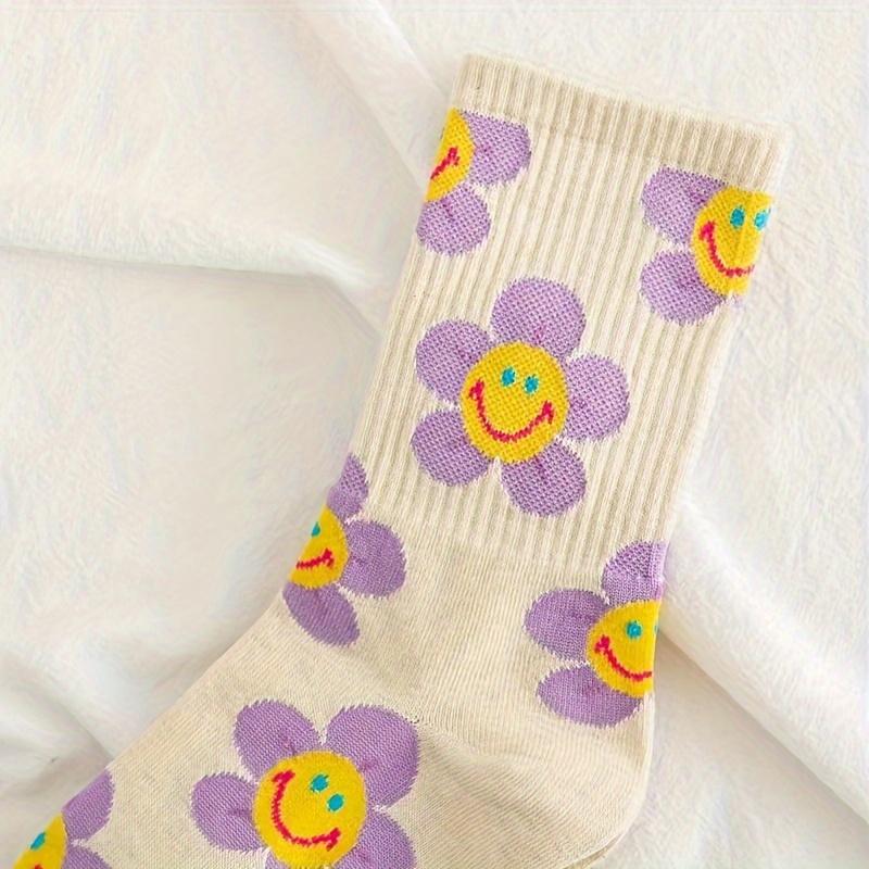 5 Paar Damen Süße Crew-Socken Set Übergröße Blumenmuster Gerippt Atmungsaktiv Mittelhohe Socken