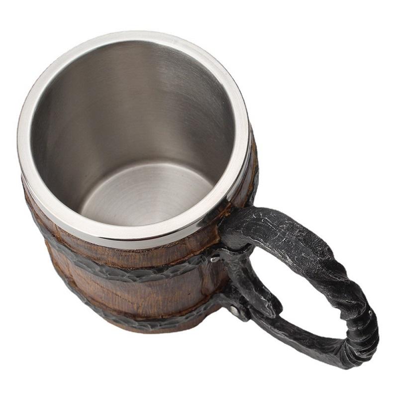 600ml Viking Wood Style Beer Mug Christmas Gift Simulation Wooden Barrel Cup Double Wall Drinking Mug Metal Insulate Bar Kit