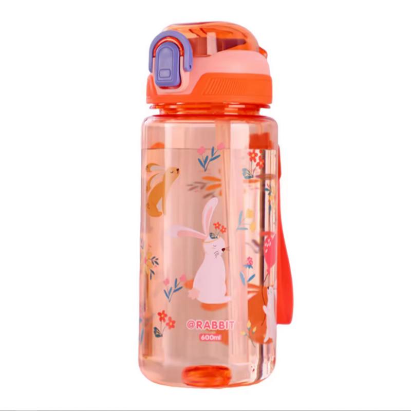 600ml Cute Water Bottle with Silicone Straw Leakproof Dinosaur Rabbit Design Portable Outdoor Sports Drinkware for School Travel
