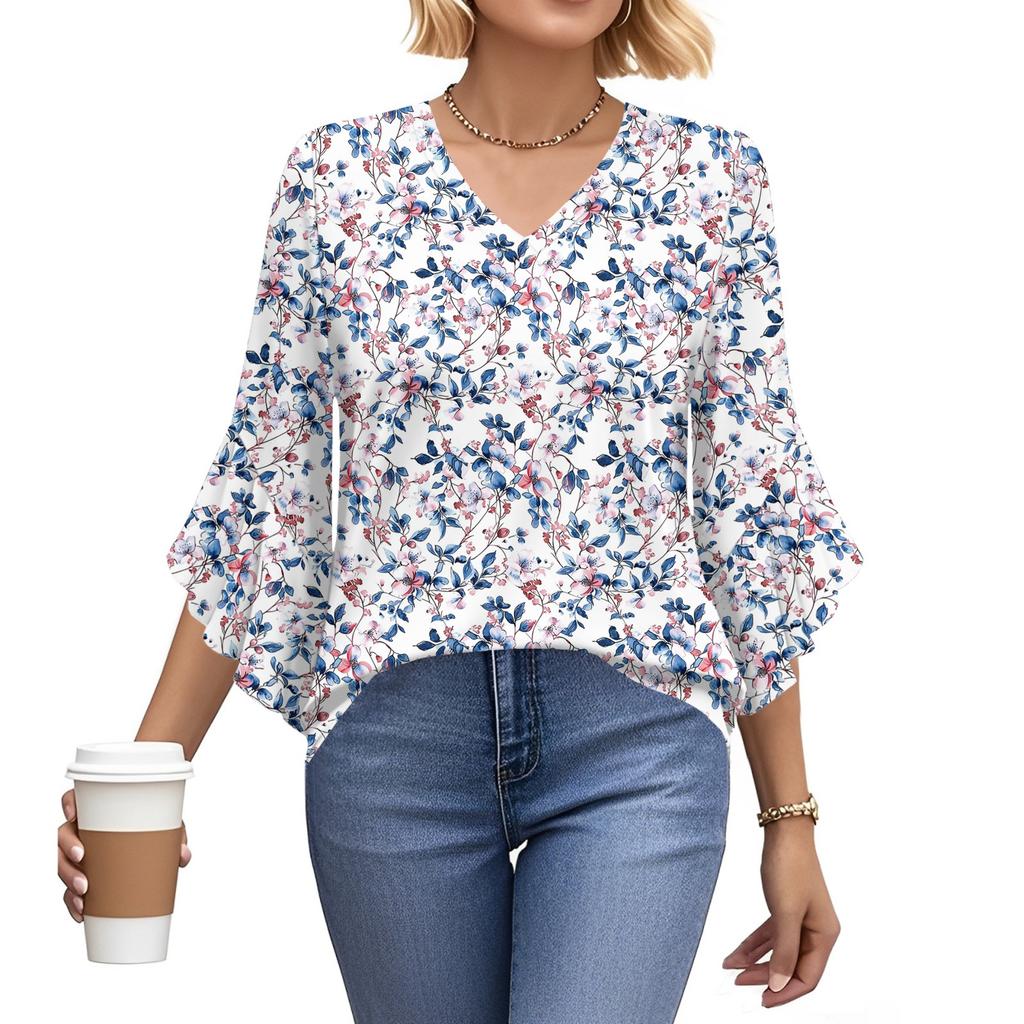 Blouses For Women Dressy Casual 3/4 Length Sleeve Womens Tops V Neck Tshirts Shirts With Flared Sleeve