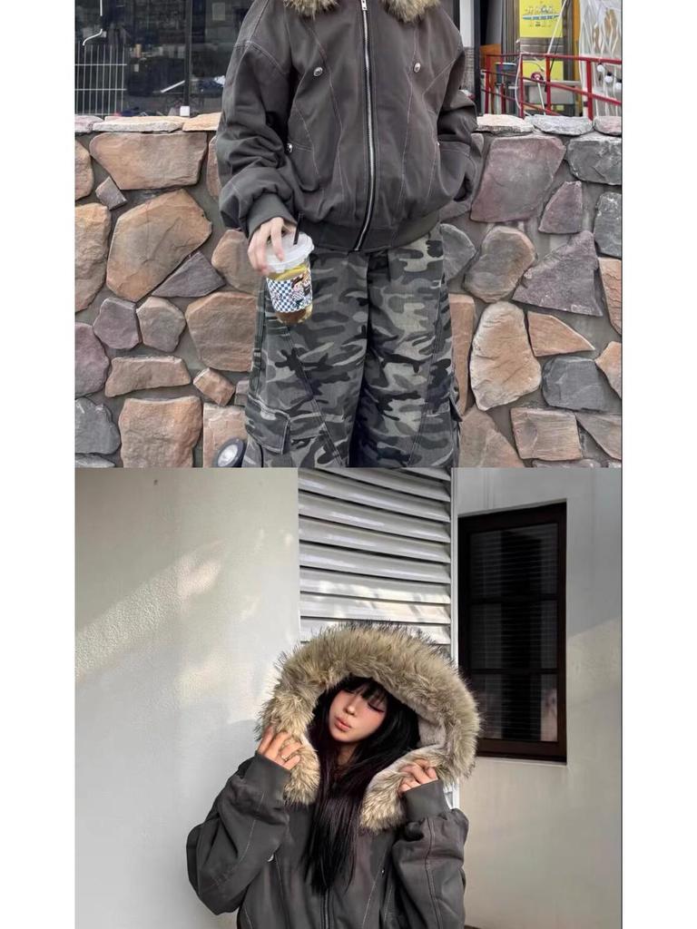 Giacca con Cappuccio American Retro Scolpita Aquila di Montagna Foderata in Velluto con Collo in Pelliccia - Cappotto Invernale Unisex