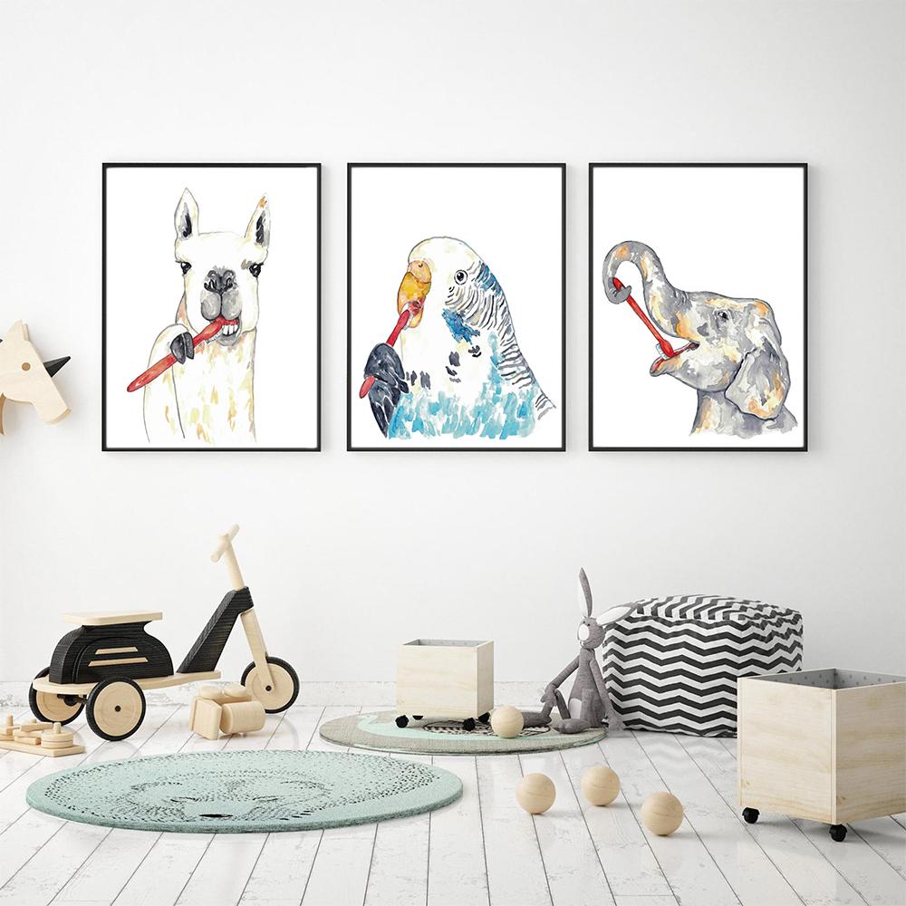 Tierbürste Zähne Wandbild Aquarellkunst Poster Druck Niedliches Faultier Vogel Lama Kind Kinderzimmer Wand Leinwandgemälde Badezimmer Heimdekor