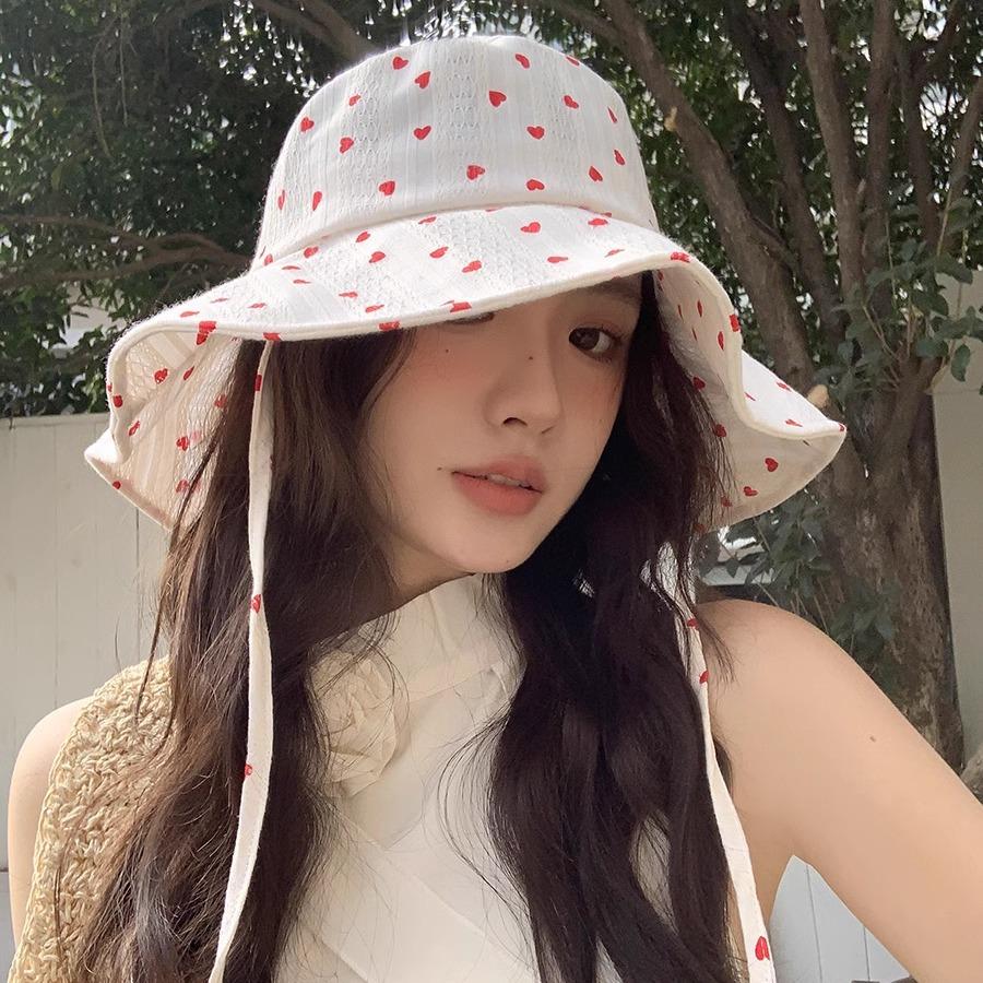 Cute Love Lace-up Bucket Hat Women's Summer Thin Breathable Big Brim Sunscreen Basin Hat Shows Small Face