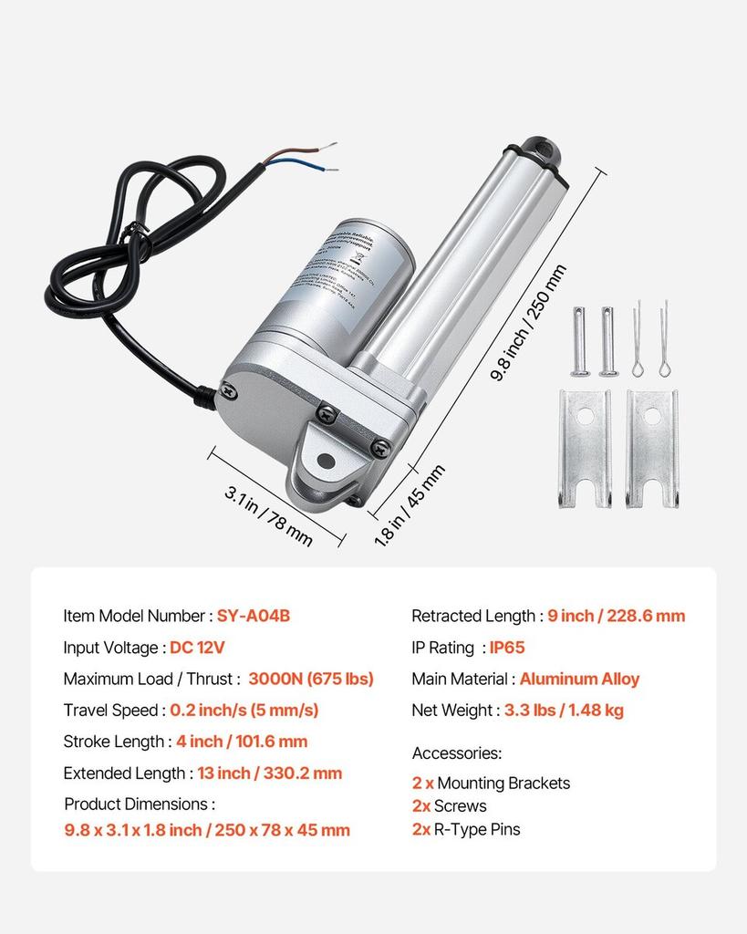 12V Linearantrieb, 101,6 mm Hub, IP65 Wasserdichter Linearantrieb, 3000N, 5 mm/s Bewegungsaktuatoren mit Montagehalterungen für Solarnachführsysteme,