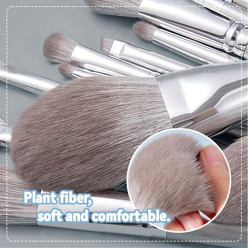 14-Piece Personal Makeup Brush Set Silver-Grey With Leather Pu Case Soft Smooth