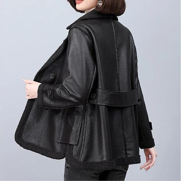 Leather Women's Plus Velvet Autumn and Winter Fur One Haining Plus Velvet Thickened Two-sided Loose Leather Jacket Western Style Jacket