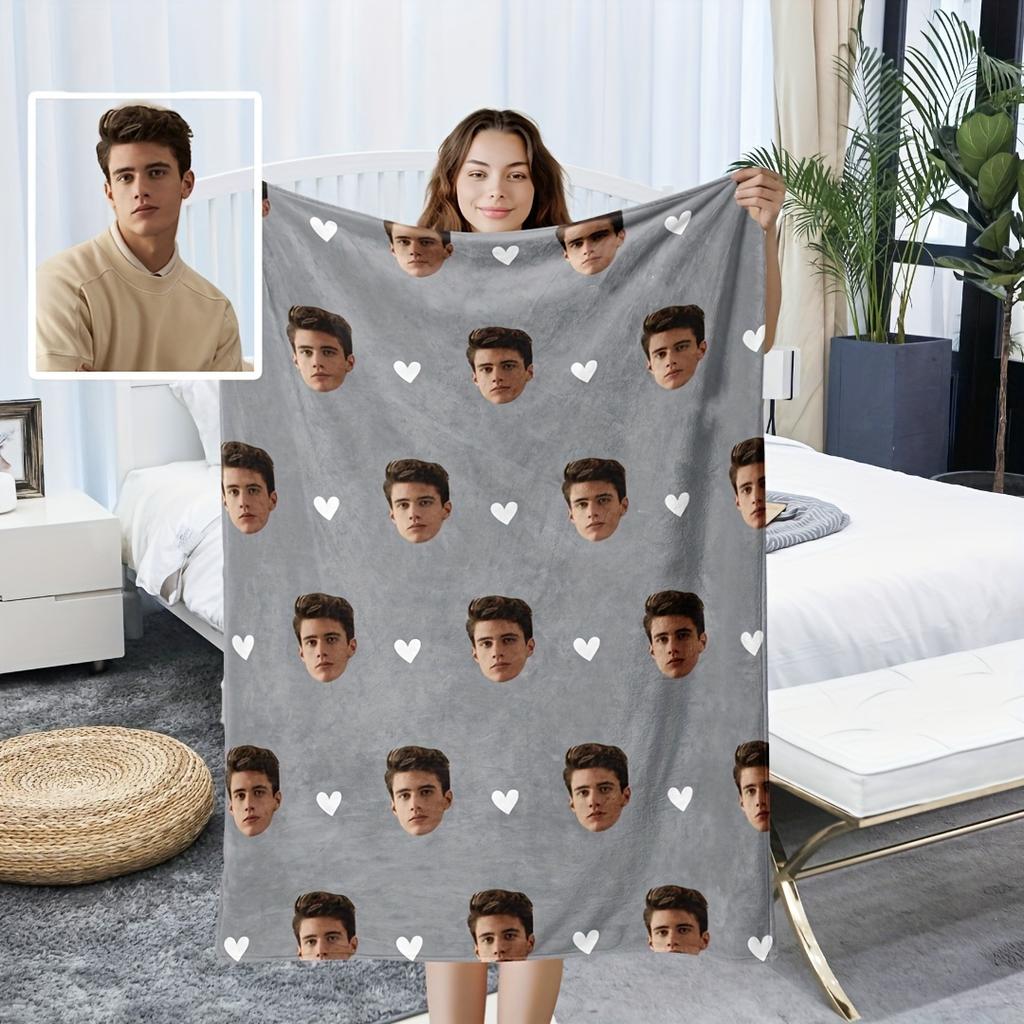 1pc Personalised Pet Flannel Blanket, Custom Photo Dog Blankets With Face Print, Warm Soft Dog Sleeping Mat Birthday Gifts, Grey