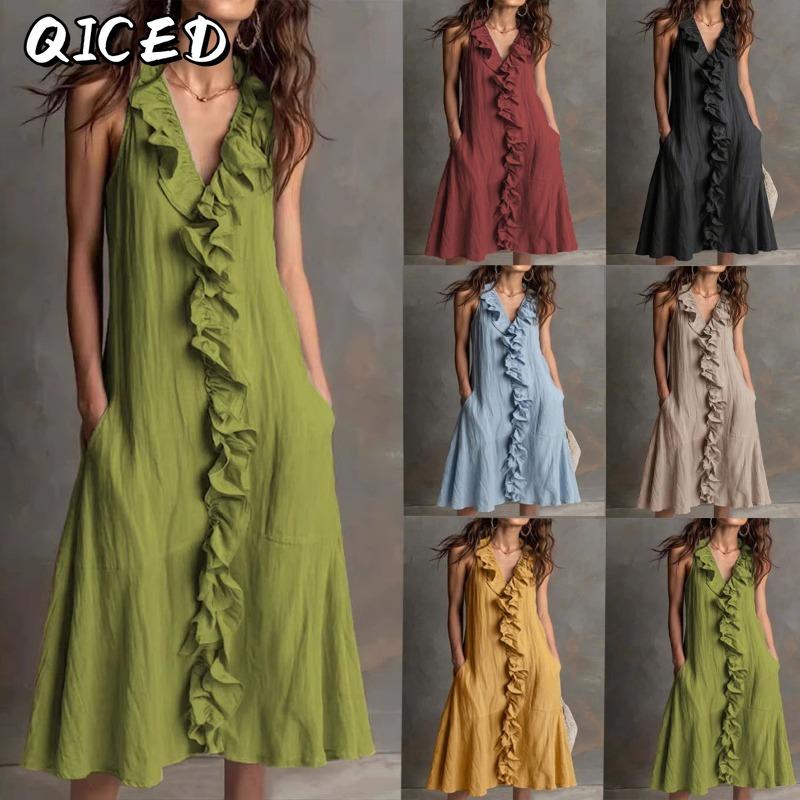 QICED Fashion Summer Spring Solid Color Print Sleeveless V-Neck Casual Dresses
