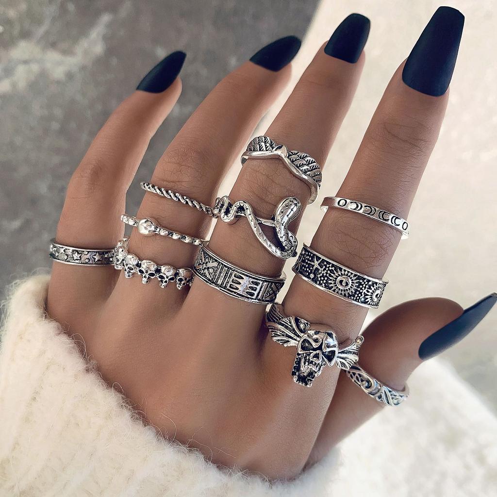 European and American punk dark butterfly skull cut-out face ring multi-piece set personality trend distressed ring set