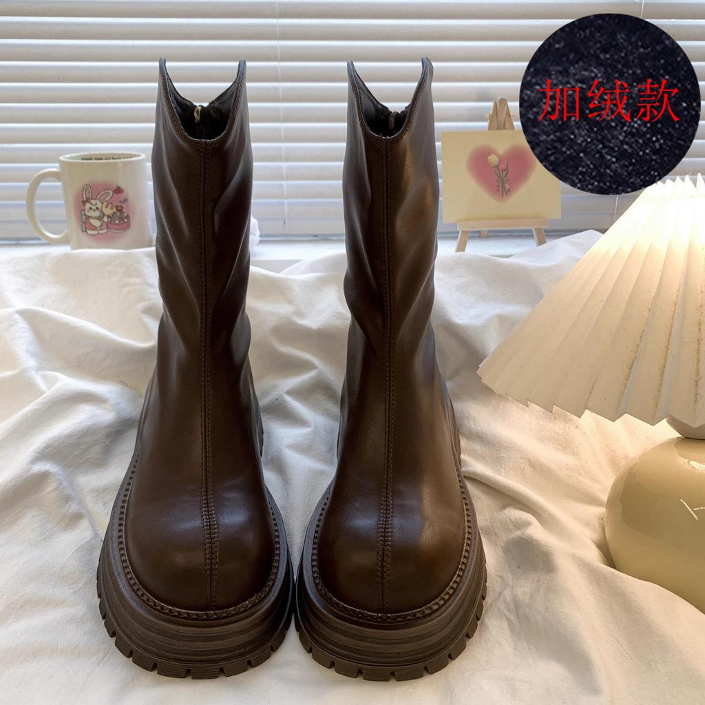 Women Boots New Thick Sole Stacked Fashion Brown Black 2026 Short Boots Wrinkled Leather Platform Casual Botines Chelsea Shoes