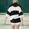 Women's Summer Striped Colorblocked Half Sleeve Shorts Casual Sportswear Two-piece Set