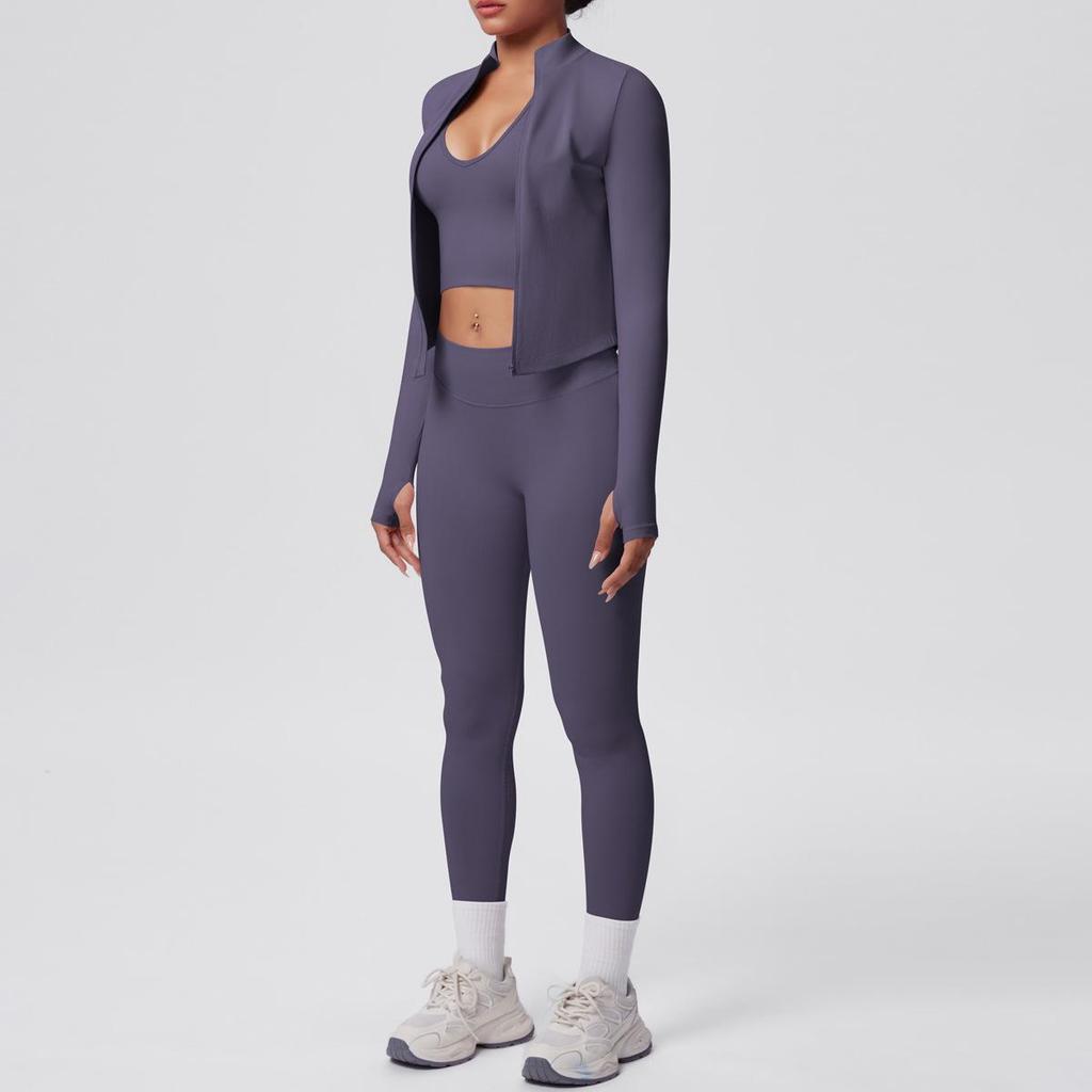 Women's Stand Collar Knit Zipper Jacket, Sports Bra & Yoga Pants Set