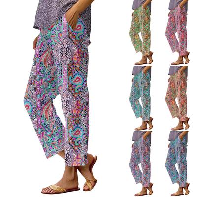 Damen Modische Hose mit Blumenmuster, gerades Bein, Tasche, elastischer Bund, lässige Hose