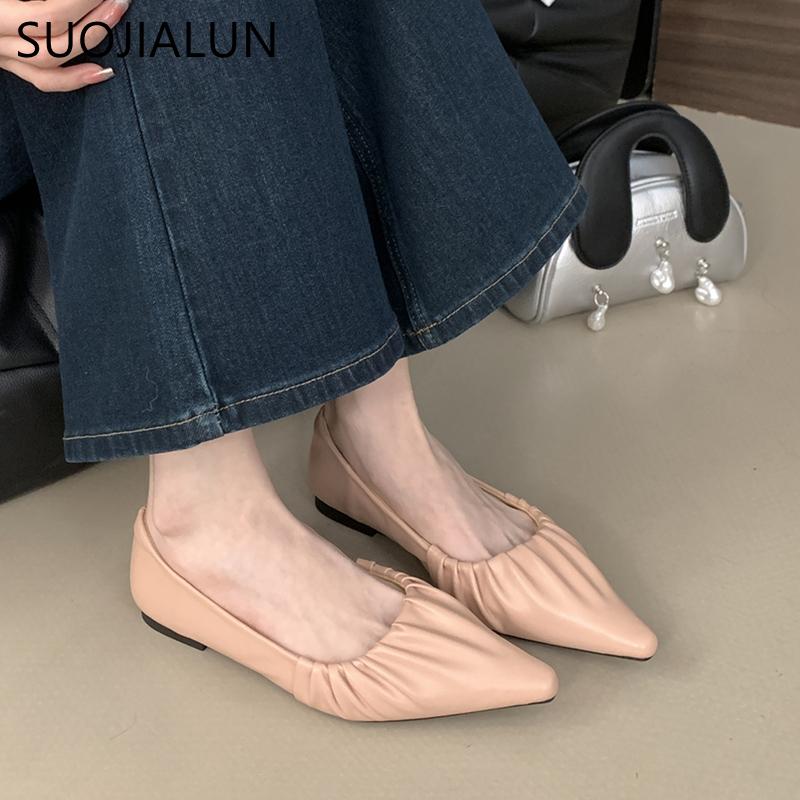 Fashion SUOJIALUN Spring New Brand Women Flat Shoes Fashion Pleated Ladies Elegant Boat Shoes Pointed Toe Shallow Slip On Single Shoes