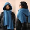 Thick Knit Hood Scarf Combo Solid Color Knitted Hooded Beanie Winter Balaclava Hat  Women