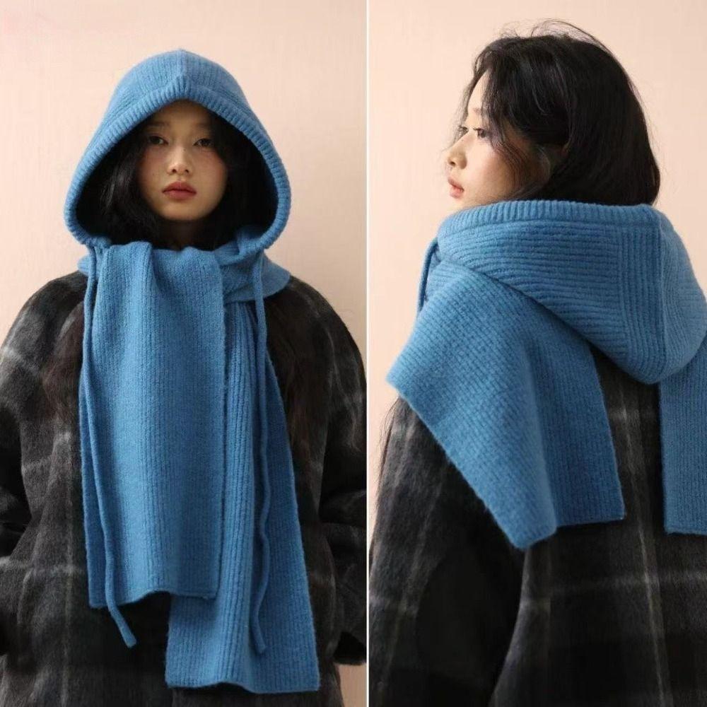 Thick Knit Hood Scarf Combo Solid Color Knitted Hooded Beanie Winter Balaclava Hat  Women