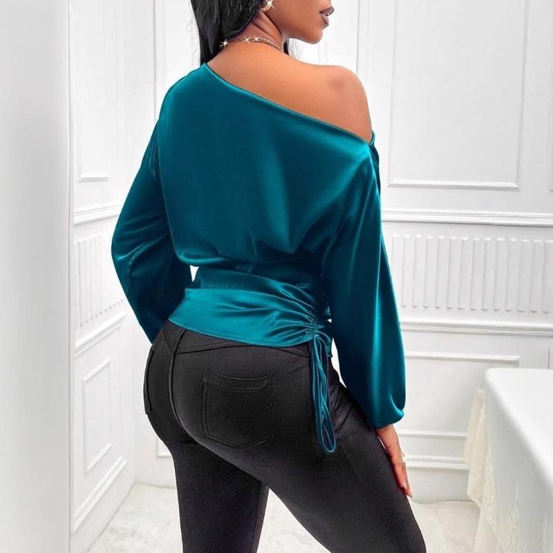 Fashion Elegant Skew Collar Loose Women's Shirts Spring and Summer Long Sleeve Lady Casual Blouses Tops Simple Asymmetric Shirt Female Clothing 26400