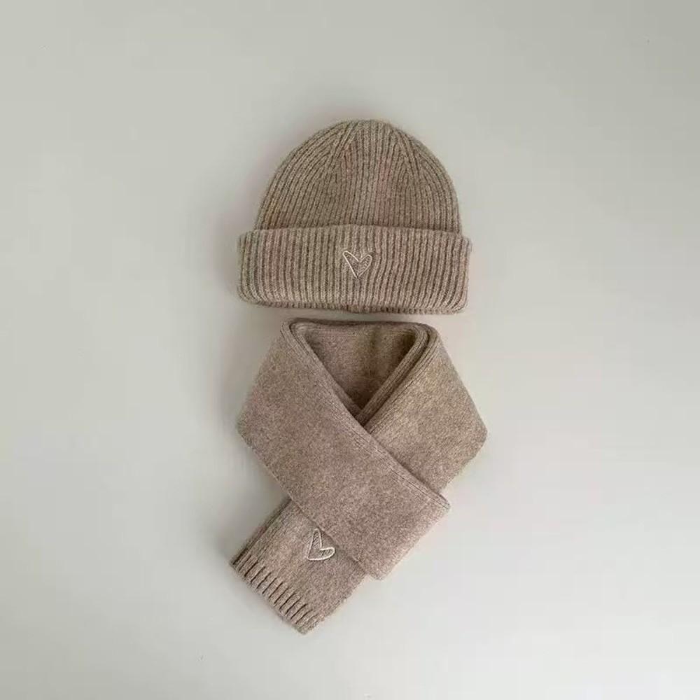Love Heart Embroidery Crochet Warm Beanie Cap Solid Color Neck Warmer Set Winter Pullover Cap  Ski