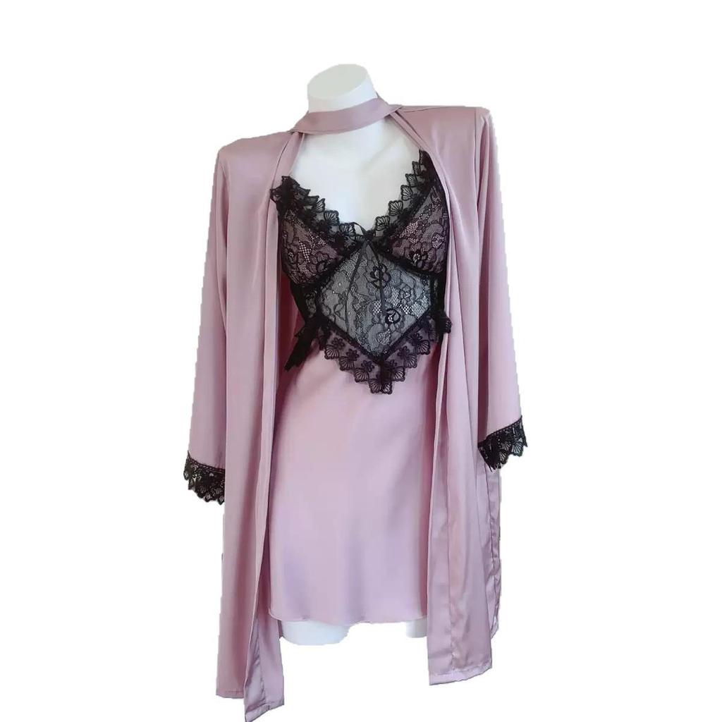 2026 Spring/Summer Ice Silk Lace Nightgown Set for Women with Chest Pads - Sexy and Luxurious Two-Piece Homewear Pajamas