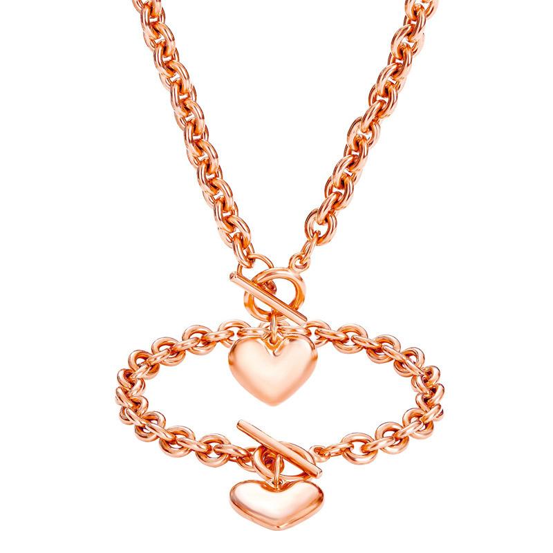 Simple and Trendy OT Snap-on Glossy Smooth Stainless Steel Heart Pendant Necklace and Bracelet for Both Men and Women