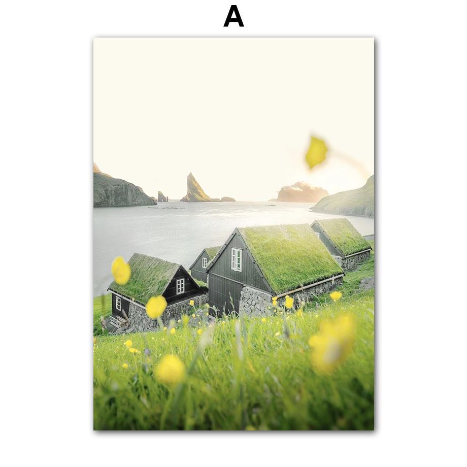 Câmp verde Natură primăvară plantă moara de vânt botanică mașină pictură pe pânză fermă poster artă perete imagine pentru camera de zi decor acasă