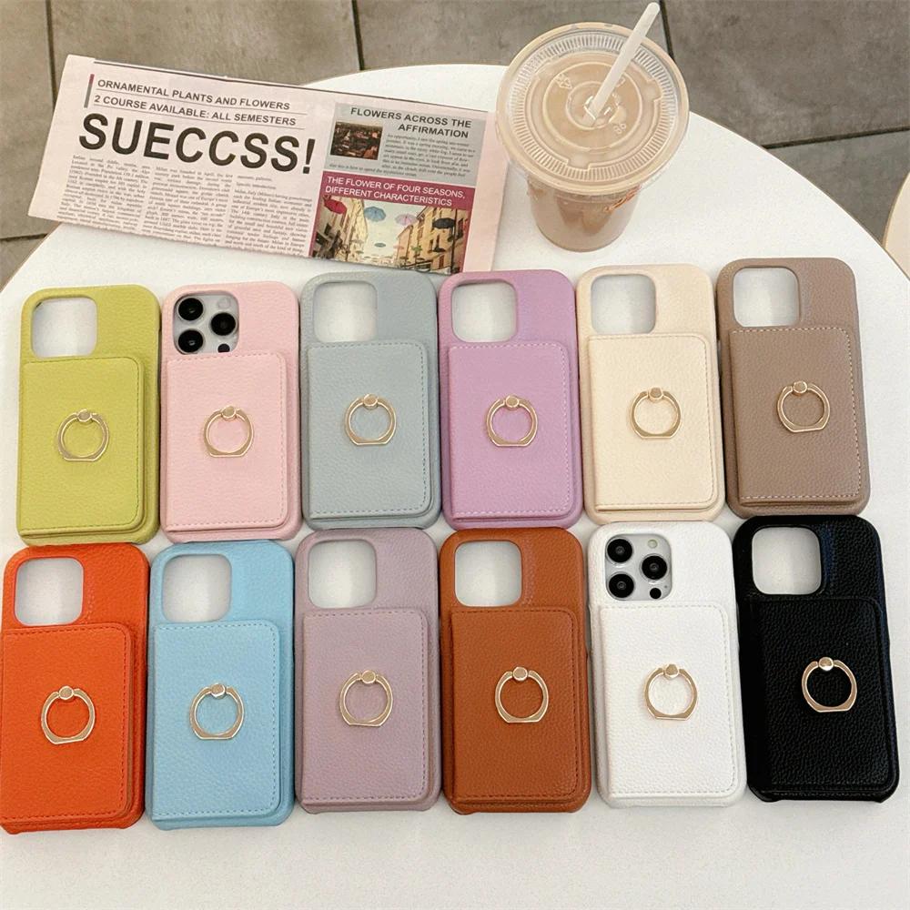 Ring with Card Holder Phone Case for IPhone 15 14 11 Pro Max 13 12 Mini XR XS X Max 8 7 Plus PU Leather Shockproof Shell Cover