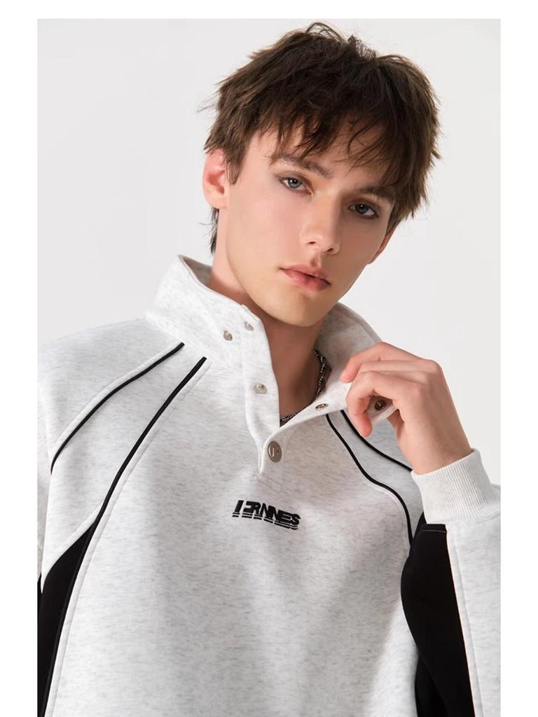 2025 Trendy Hong Kong Style Color Block Polo Shirt with Embroidery Lettering - Men's Retro Loose Hoodie