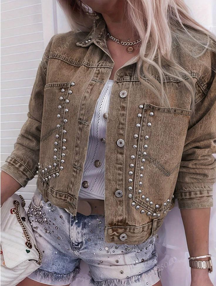 HME European Fashion Rivet Denim Jacket for Women - Street Style Outerwear