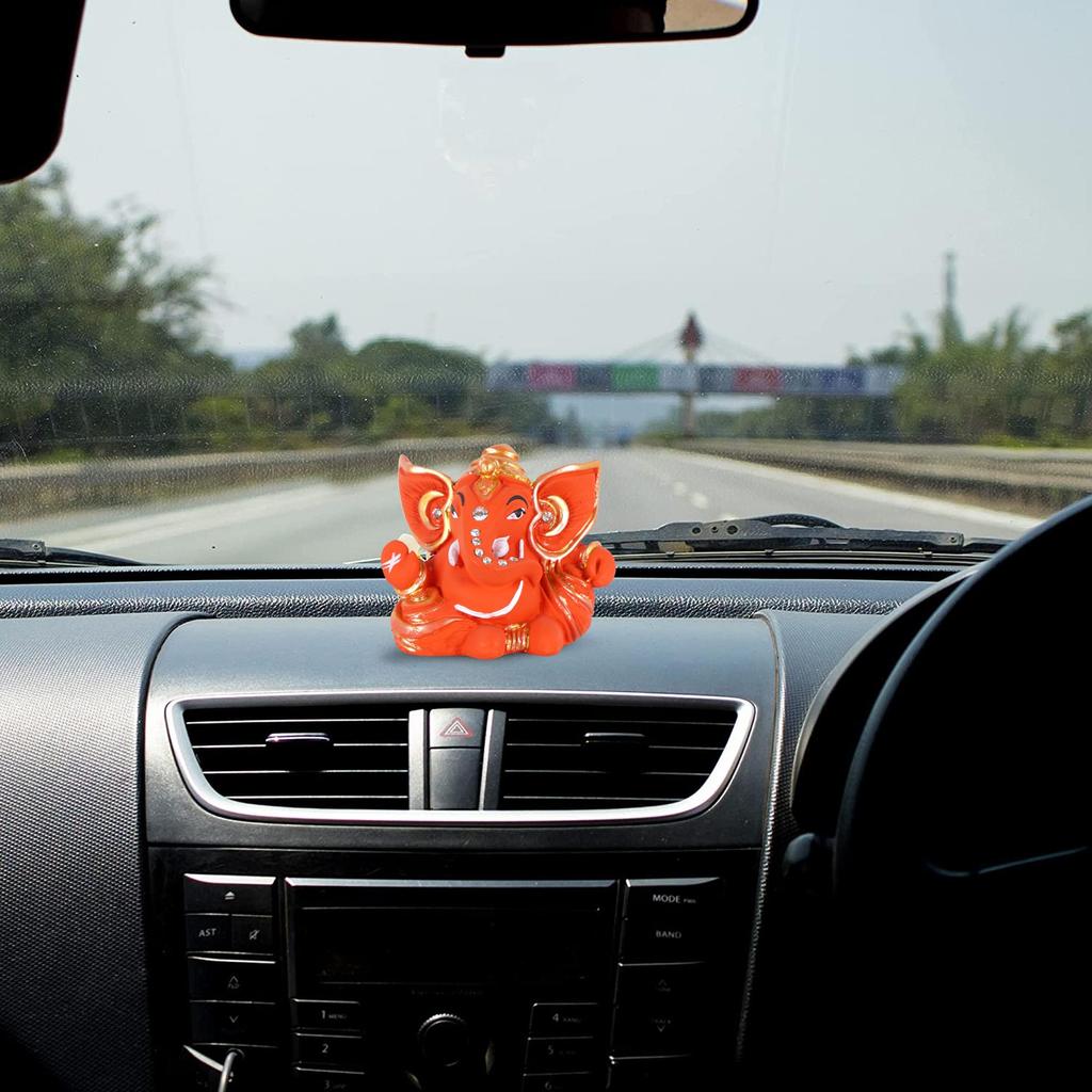 CRAFTAM Orange Ganesha Idol for Car Dashboard , Ganpati Bappa Murti Mini Statue, for Home Car Decor (7×4×5.5 Cm)