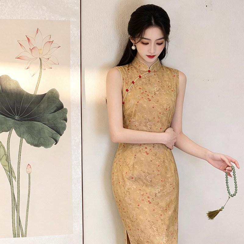 Yellow sleeveless national style new Chinese Suzhou long cheongsam improved young 1011 new women's high sense summer