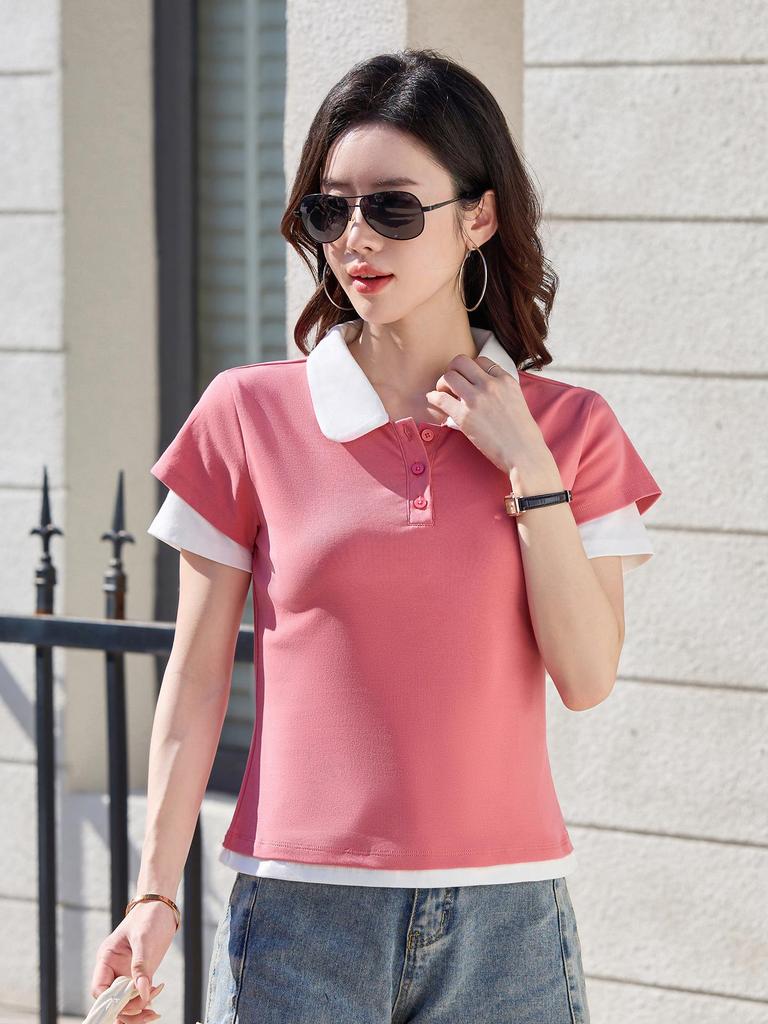 Spring/Summer 2026 Korean Style Women's Slim Fit Cotton T-shirt with Double Layer Sleeves