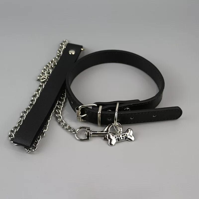 Knochenprint Leder Choker Halsband mit Leine für Männer Frauen Punk Halskette Cosplay