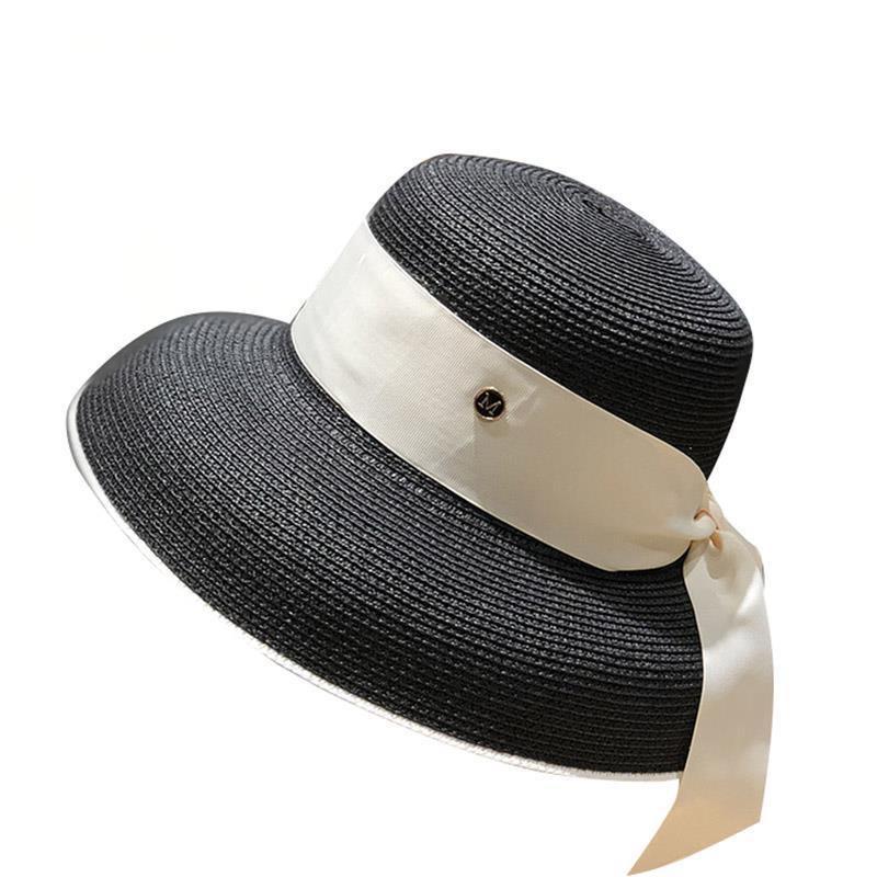 Vintage French Hepburn style versatile hat female Internet celebrity fashion sunscreen sun hat satin strap straw hat