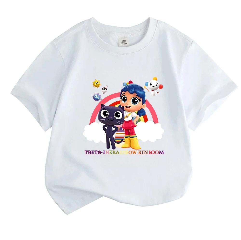 Cartoon Cute Blue Hair Girl Dark Cat Print Kids T Shirt, 100% Cotton Casual Short Sleeve Round Neck Tees for Boys Girls, Lightweight Soft Summer Tops