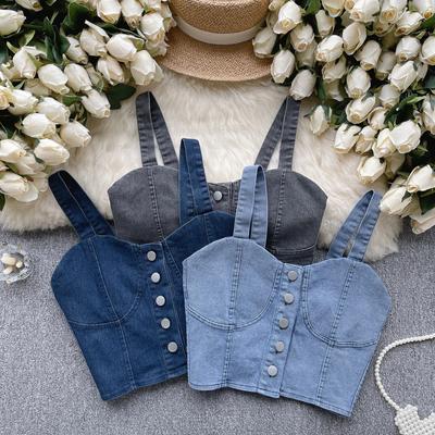 Hong Kong Flavor Retro Denim Κορυφαία Γυναικεία Σχέδιο Στήθος Λεπτή εφαρμογή Κοντός αφαλός Σέξι Gyaru Sle Cami Μόδα