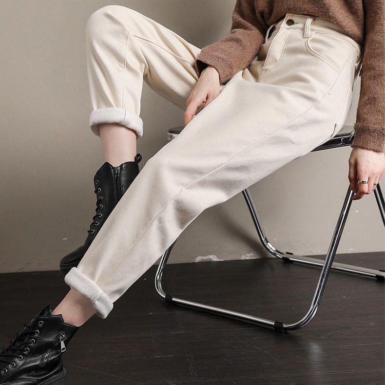 Khaki Harem Jeans mit hohem Bund - Damen 2025 Schlankmachende Karottenhose mit Samtfutter für Herbst/Winter